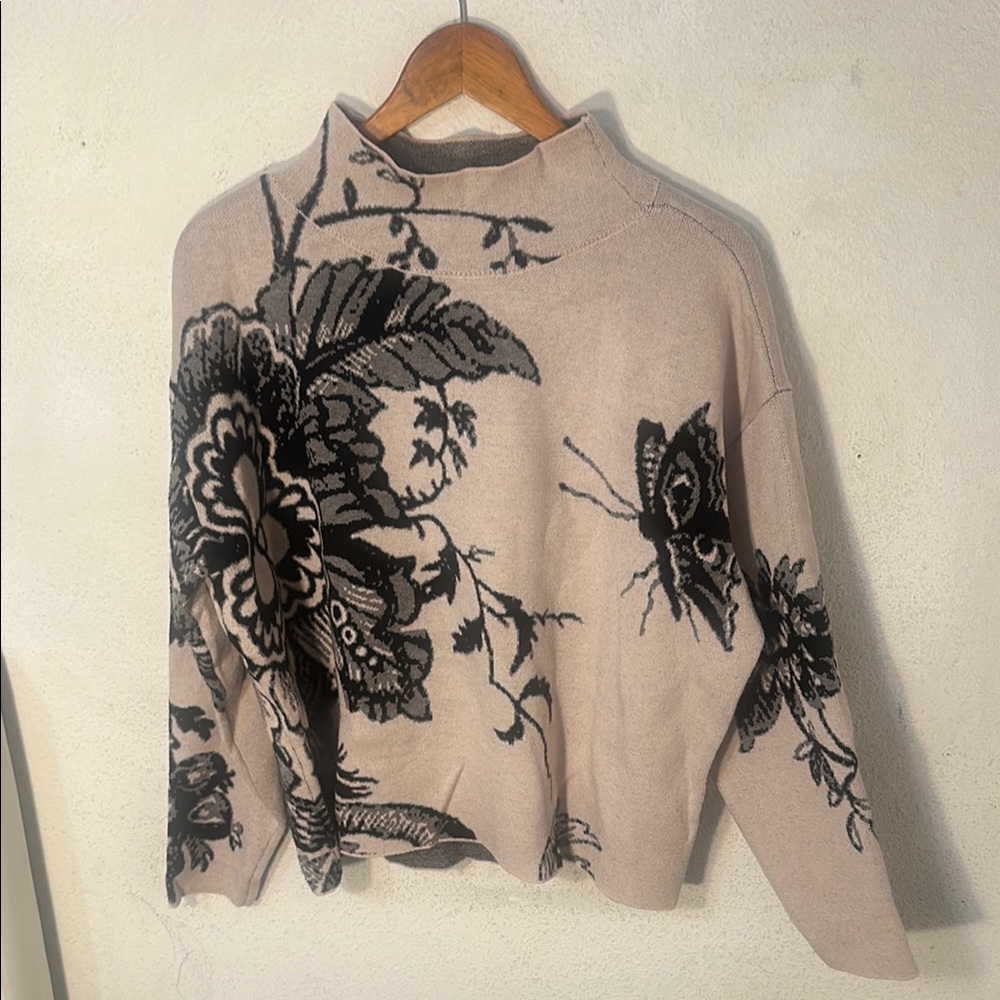 Maeve Beige and Black Floral Sweater
